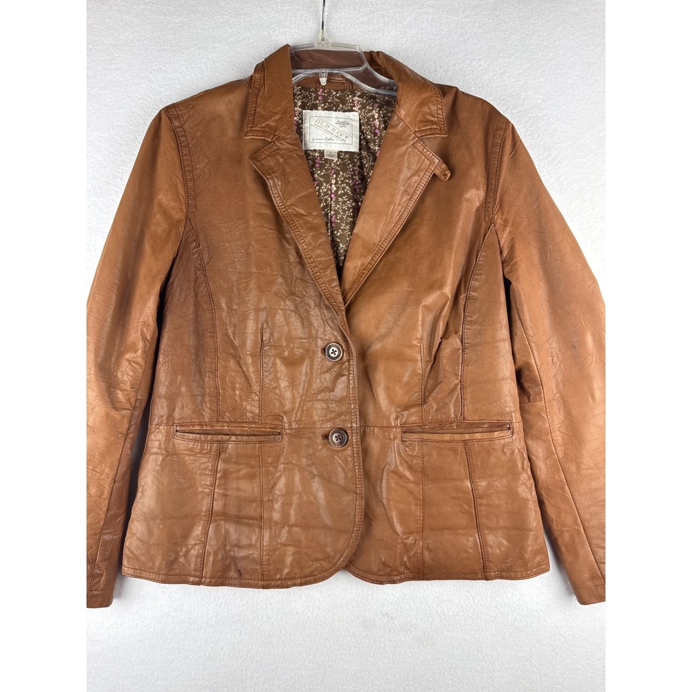Vintage Old Navy Women's Genuine Leather Blazer Jacket Lining Size L Cognac